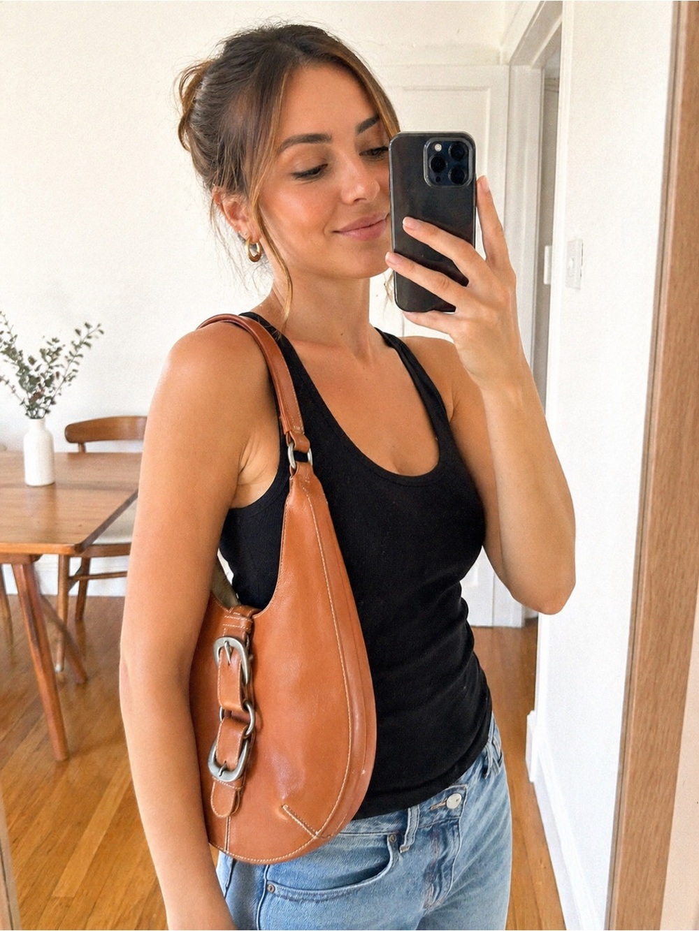 Tan Leather Shoulder Bag | Buckle Detail Hobo Style